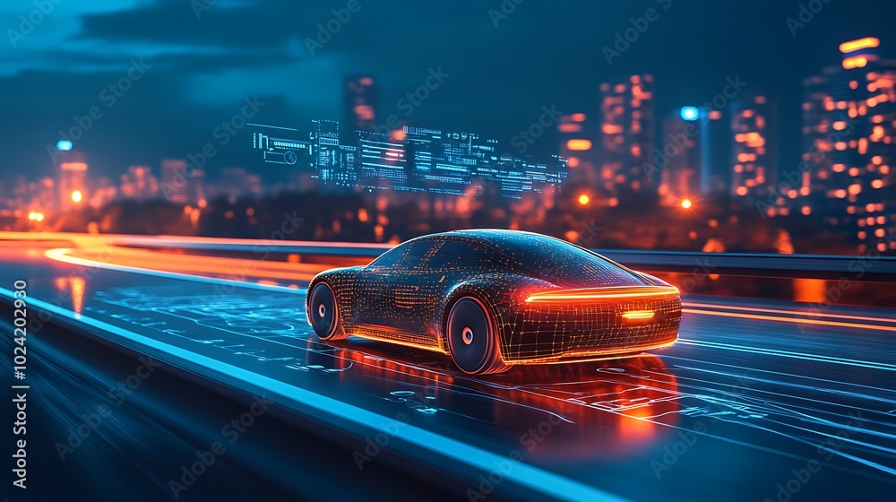 Autonomous electric car on a tech-enhanced highway, digital overlays hovering above indicating real-time navigation data and safety features, advanced driverless technology, Autonomous electric car on a tech-enhanced highway, digital overlays hovering above indicating real-time navigation data and safety features, advanced driverless technology,