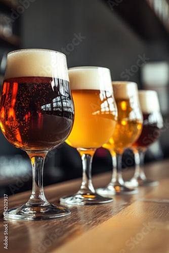 A row of craft beers served in elegant glassware at a brewery during an afternoon tasting session