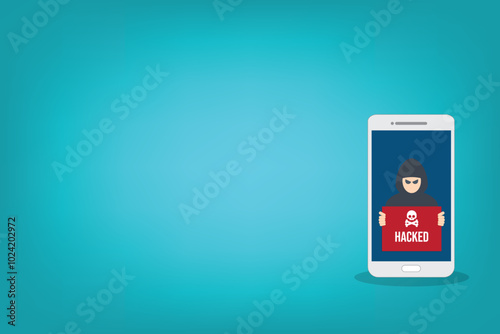 Hacker with hacked notification, malware notification on mobile phone. Smartphone with hacker alert, spam data on cellphone fraud error message, scam, virus.	

