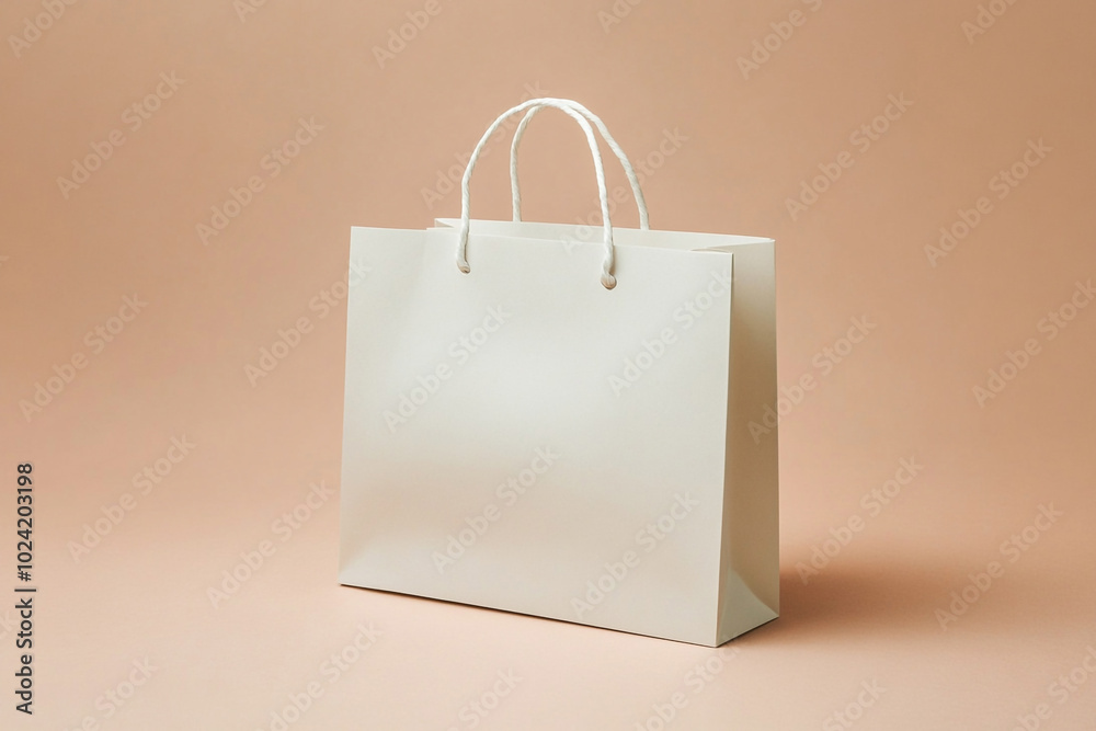 Minimalist Mock-Up of White Paper Shopping Bag with Handles on a Neutral Background for Packaging Design Minimalist Mock-Up of White Paper Shopping Bag with Handles on a Neutral Background for Packaging Design