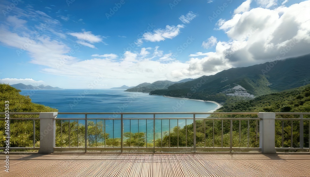 Fototapeta premium Breathtaking coastal view with mountains under a blue sky, tranquil and serene atmosphere.