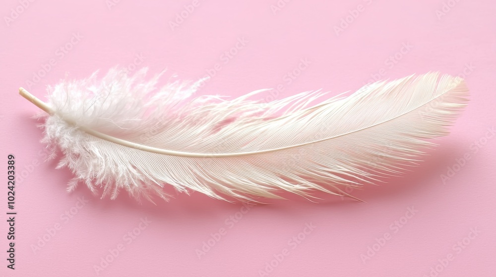 Obraz premium white feather lies gently on a soft pink background, creating a minimalist and serene image symbolizing lightness and purity.