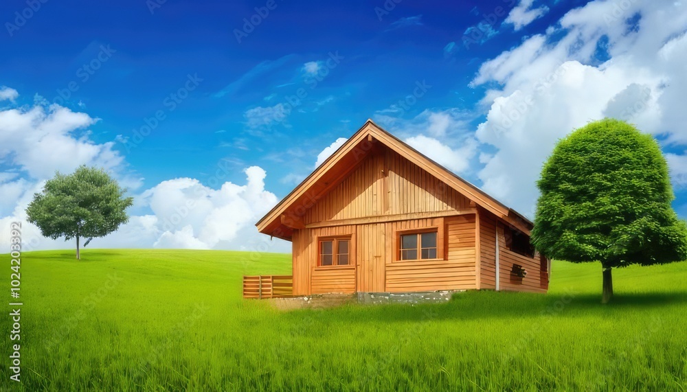 Charming wooden house in a lush green field under a bright blue sky. Charming wooden house in a lush green field under a bright blue sky.