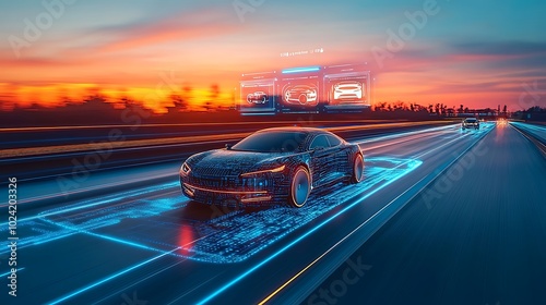 Autonomous electric car driving on a tech-enhanced highway, holographic icons above displaying road status, speed, and navigation data, vibrant sunset colors in the background,