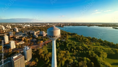 Aerial view of a water tower overlooking a serene lake and city skyline.