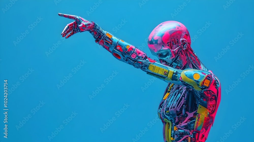 Obraz premium Surreal Mechanized Humanoid Dabs on Vivid Neon Blue Background