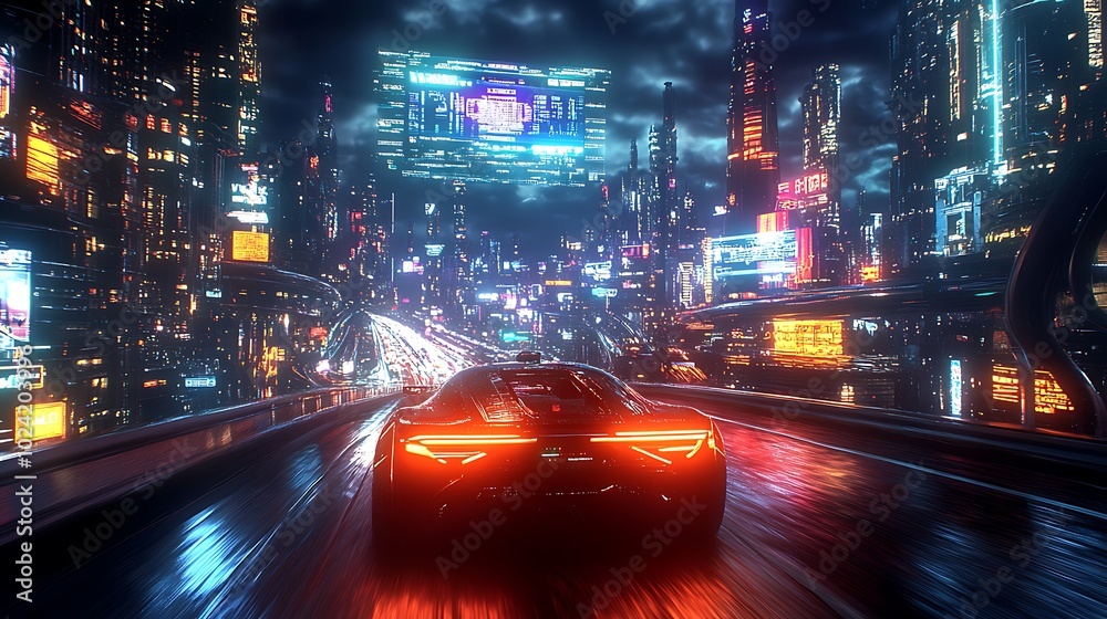 Autonomous vehicle cruising on a high-tech highway, interactive holographic data projections above showing navigation, road safety, and vehicle diagnostics, modern cityscape glowing in neon colors, Autonomous vehicle cruising on a high-tech highway, interactive holographic data projections above showing navigation, road safety, and vehicle diagnostics, modern cityscape glowing in neon colors,