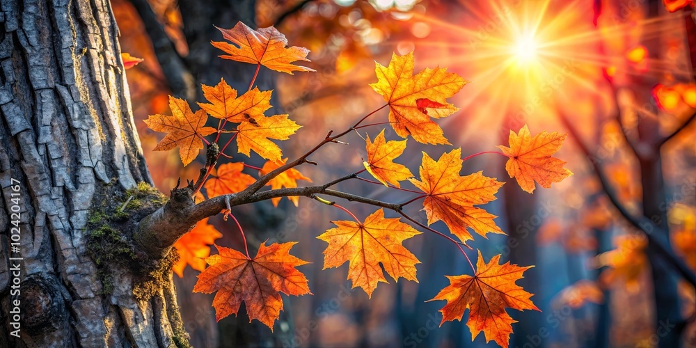 Naklejka premium Golden Autumn Leaves Bathed in Warm Sunlight, Glowing Against a Blurred Background of Fall Colors