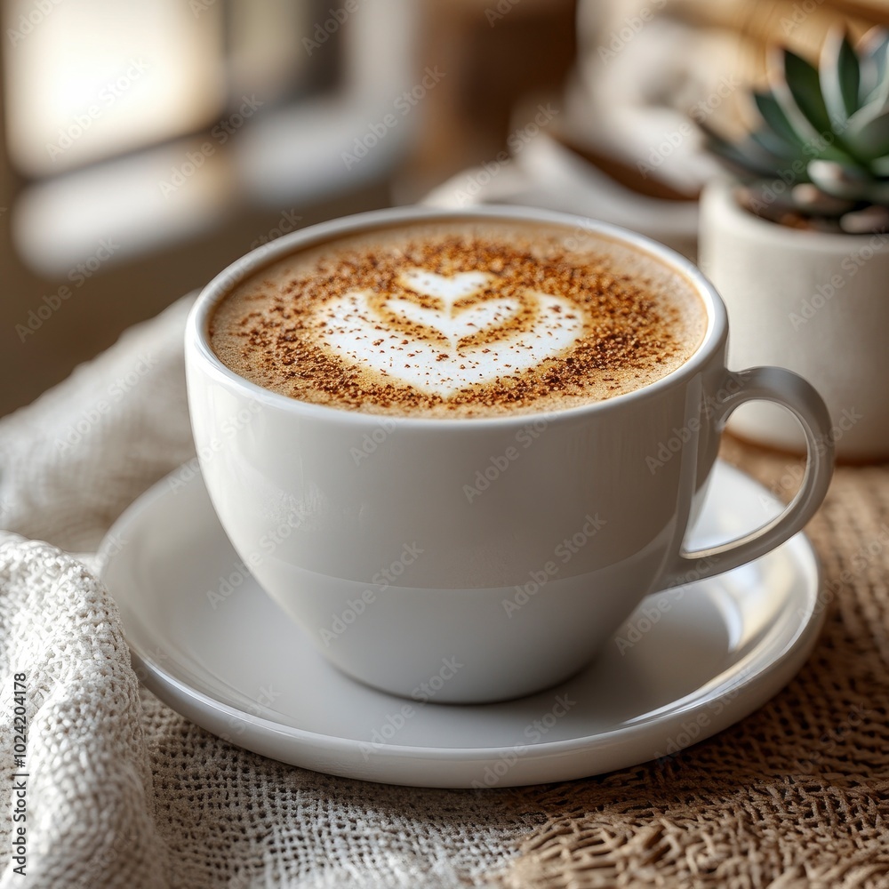 Close-up of a Cup of Latte Art Coffee on a Rustic Tablecloth Close-up of a Cup of Latte Art Coffee on a Rustic Tablecloth