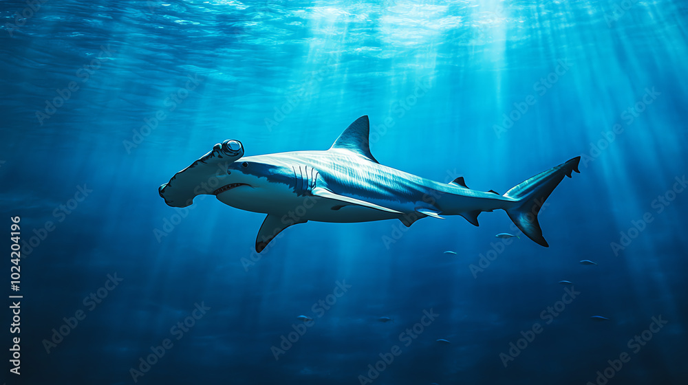 Naklejka premium A majestic hammerhead shark glides gracefully through the clear blue ocean waters, showcasing its unique shape and vibrant colors, surrounded by shimmering rays of sunlight.