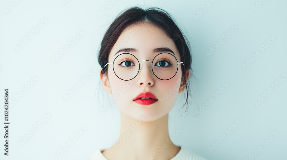 Fototapeta premium A stylish young woman with glasses showcases a fresh and modern look against a minimalist background.