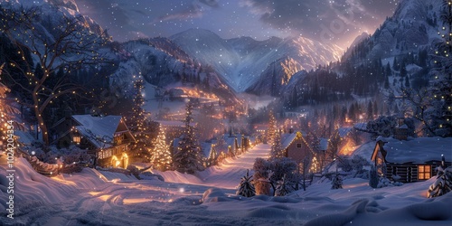 Idyllic winter village scene with snow-covered houses and twinkling lights nestled amongst snowy mountains under a starry night sky.