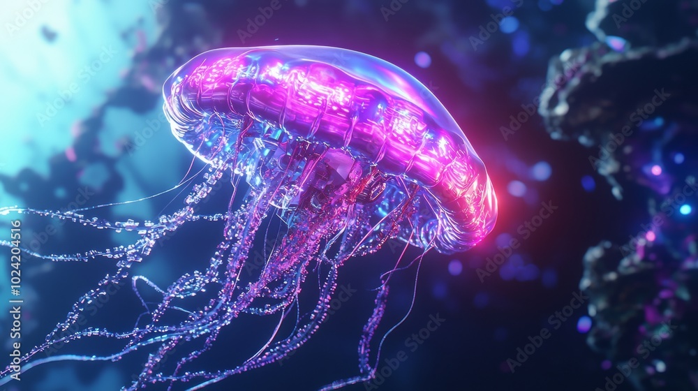 Futuristic Mechanical Jellyfish Swimming in Digital Ocean with Bioluminescent Patterns and Cinematic Lightning