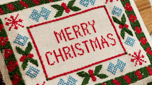 Merry Christmas cross stitch design with festive colors and patterns