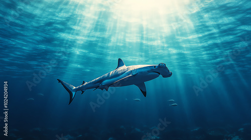 Wallpaper Mural A majestic shark gliding effortlessly through the azure ocean depths, illuminated by beams of sunlight filtering from above, showcasing the beauty of marine life. Torontodigital.ca