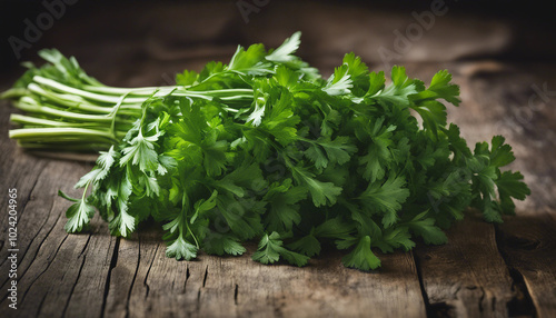 Freshly picked parsley on a weathered wooden table, showcasing vibrant greens.