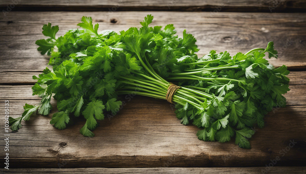 Freshly picked parsley on a weathered wooden table, showcasing vibrant greens. Freshly picked parsley on a weathered wooden table, showcasing vibrant greens.