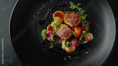  A gourmet dish featuring seared meat with vegetables and sauce, garnished with microgreens, served on a black plate