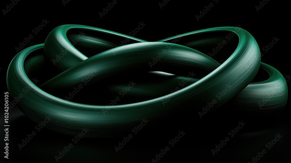 Fototapeta premium Abstract design featuring intertwined green rings on a dark background, symbolizing unity and connection in a modern artistic style.