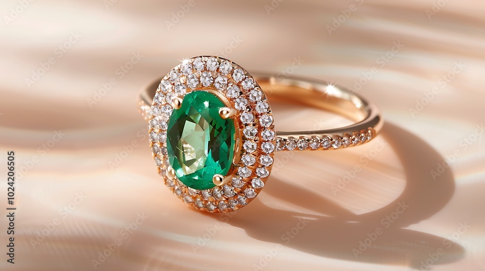 Custom made engagement ring with an oval emerald and diamond halo on peach background Custom made engagement ring with an oval emerald and diamond halo on peach background