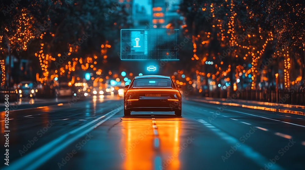 Autonomous vehicle on a futuristic road, holographic icons hovering above showing real-time speed, fuel efficiency, and vehicle distance, modern smart city glowing in neon lights, Autonomous vehicle on a futuristic road, holographic icons hovering above showing real-time speed, fuel efficiency, and vehicle distance, modern smart city glowing in neon lights,