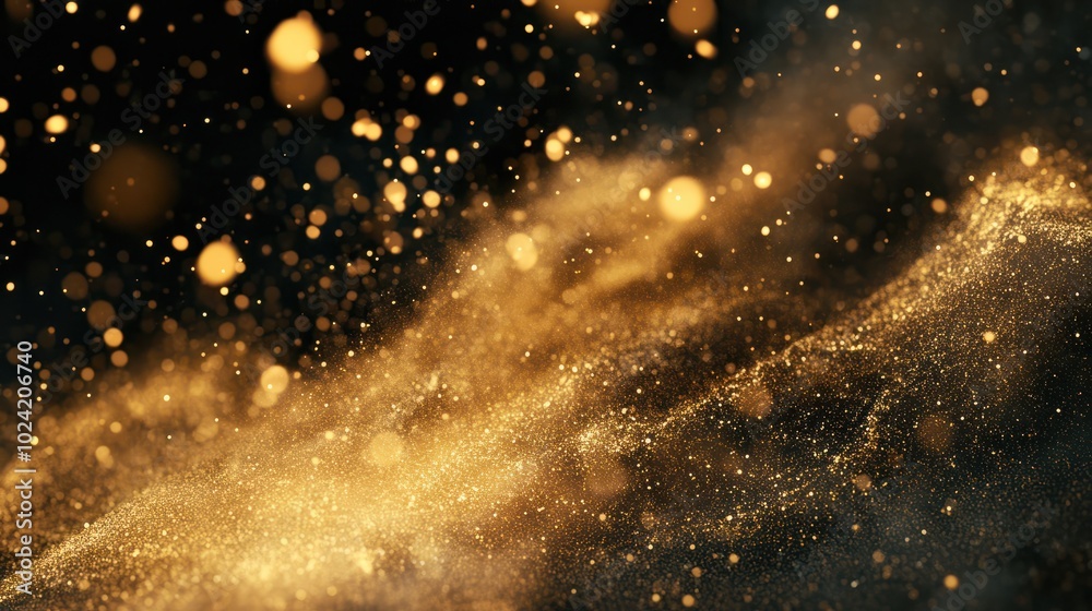 Fototapeta premium Abstract magic gold dust background over black. Beautiful golden art widescreen background