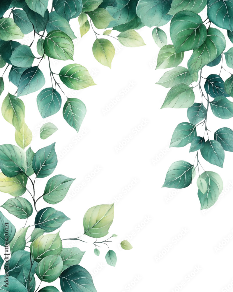 A charming square border pattern composed of delicate little green leaves, painted in a soft watercolor anime style, set against a white background. A charming square border pattern composed of delicate little green leaves, painted in a soft watercolor anime style, set against a white background.