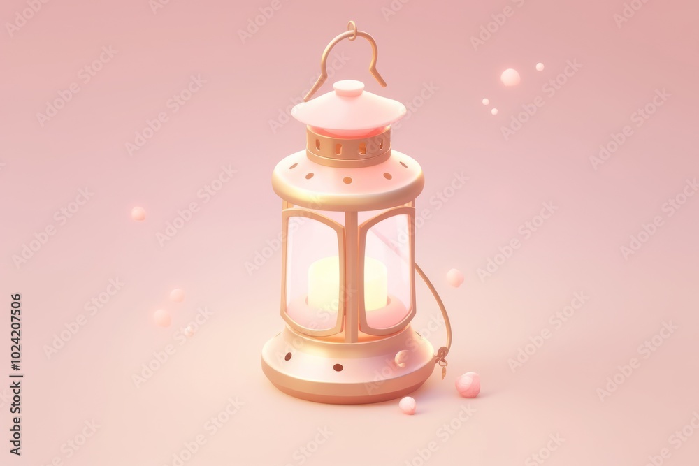 Golden Lantern with a Glowing Candle on a Pink Background Golden Lantern with a Glowing Candle on a Pink Background