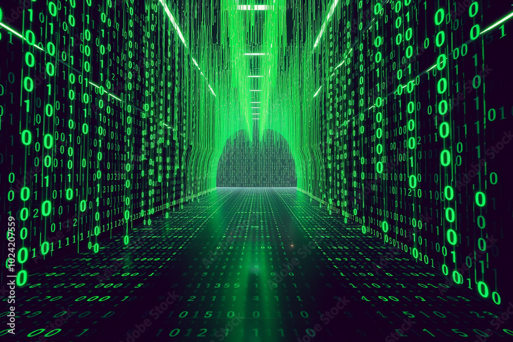 Futuristic Scene with Cascading Green Binary Code in Virtual Reality.generative AI Futuristic Scene with Cascading Green Binary Code in Virtual Reality.generative AI