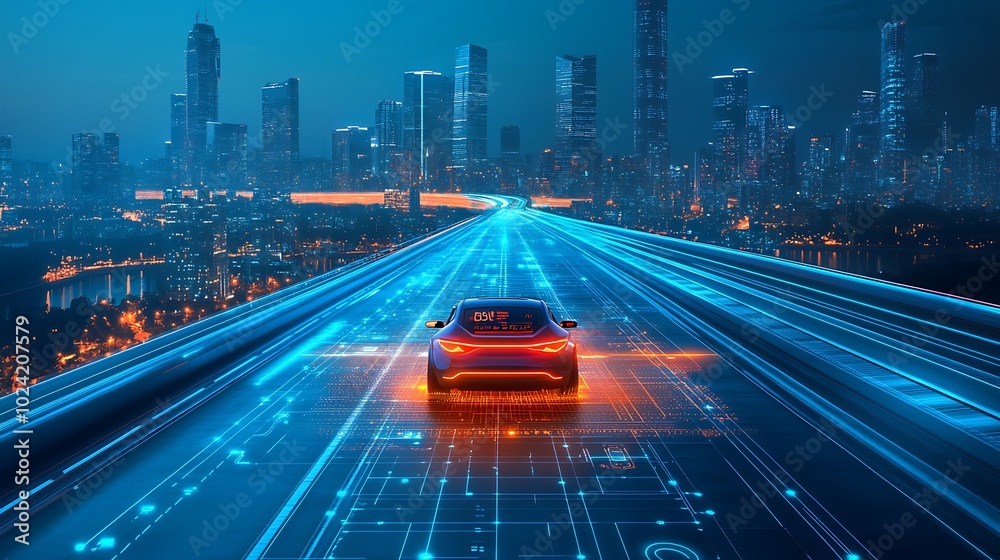 Autonomous vehicle on a high-tech road with glowing data projections indicating speed, navigation, and road safety, futuristic cityscape in the background, clean and modern highway design, Autonomous vehicle on a high-tech road with glowing data projections indicating speed, navigation, and road safety, futuristic cityscape in the background, clean and modern highway design,