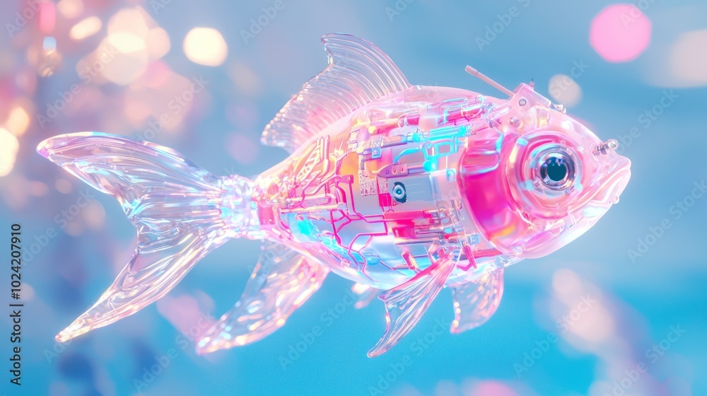 Fototapeta premium Futuristic Robotic Goldfish Swimming in Transparent Aquarium with Colorful Circuits - 3D Render Illustration