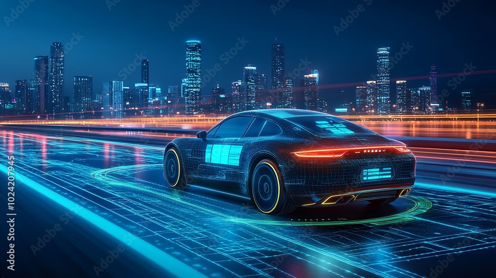 Driverless car moving smoothly on a high-tech highway, augmented reality interface displaying traffic alerts, speed, and AI-controlled systems, modern city skyline visible, blue and green neon lights,