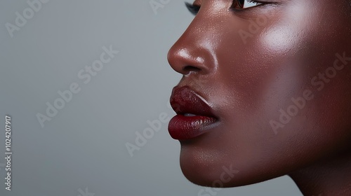 A side profile of a model's lips in bold, deep burgundy lipstick, with the glossy finish reflecting soft light for a luxurious look. 8k UHD, suitable for high-quality printing or digital display.  photo