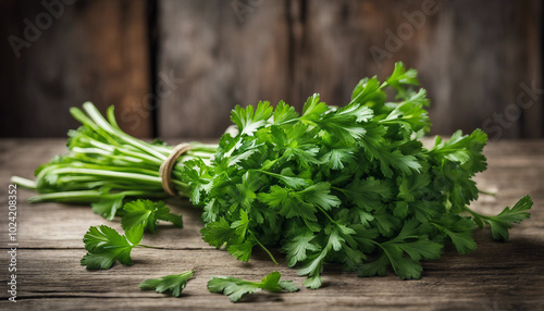 Freshly picked parsley on a weathered wooden table, showcasing vibrant greens.