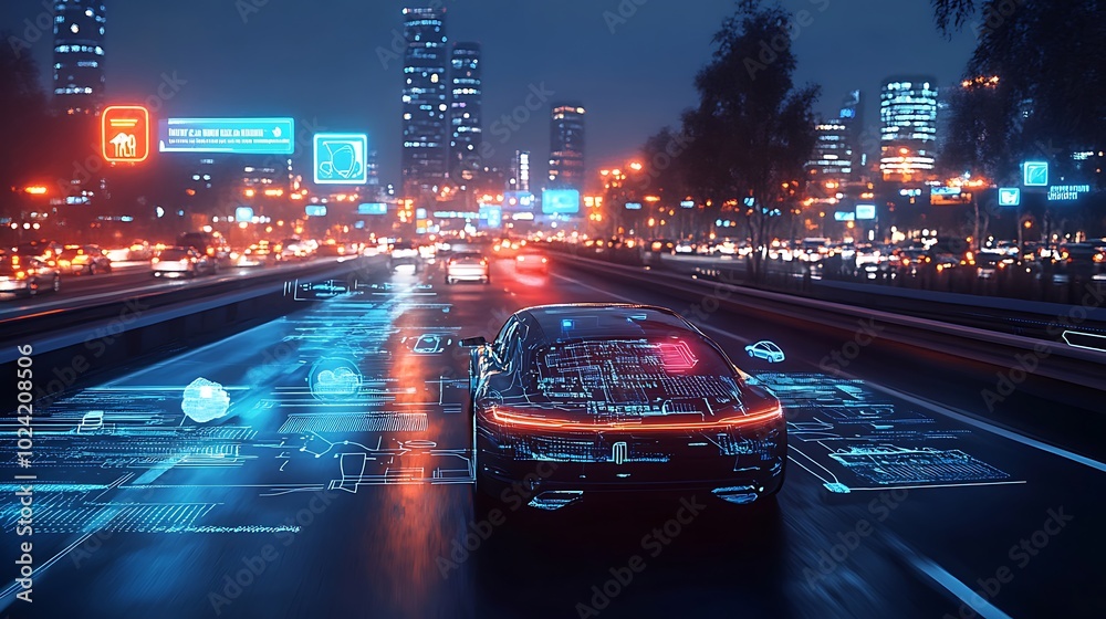 Driverless vehicle on a crowded highway at night, interactive holographic icons indicating speed, AI-controlled navigation, and traffic updates, vibrant city skyline glowing with neon lights, Driverless vehicle on a crowded highway at night, interactive holographic icons indicating speed, AI-controlled navigation, and traffic updates, vibrant city skyline glowing with neon lights,