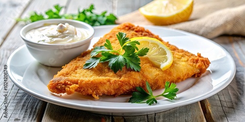 Crispy Fried Fish Fillet with Lemon Wedge and Parsley Garnish, Served on a White Plate with Creamy Sauce