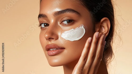 an indian woman applying cream to her face - studio portrait
