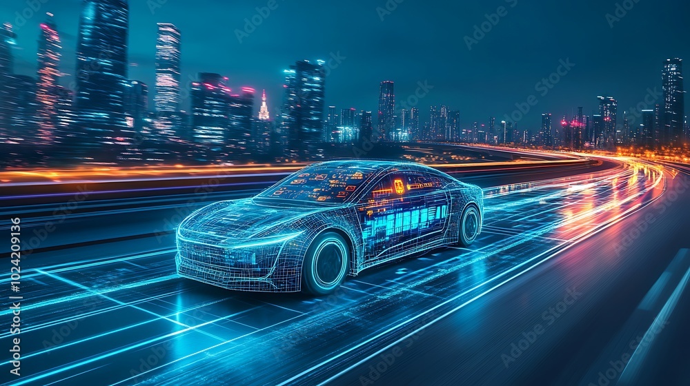 Electric autonomous car driving on a high-tech highway, glowing digital data icons showing real-time navigation, speed, and road safety, advanced city skyline in the distance, smooth road design, Electric autonomous car driving on a high-tech highway, glowing digital data icons showing real-time navigation, speed, and road safety, advanced city skyline in the distance, smooth road design,