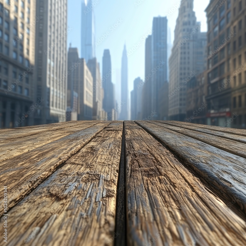Wooden Plank Floor with Blurred Cityscape Background