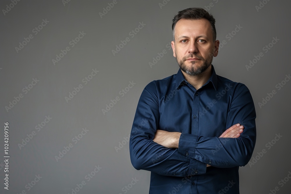 Confident modern businessman in a deep blue shirt with crossed arms, standing alone against a neutral gray background Confident modern businessman in a deep blue shirt with crossed arms, standing alone against a neutral gray background