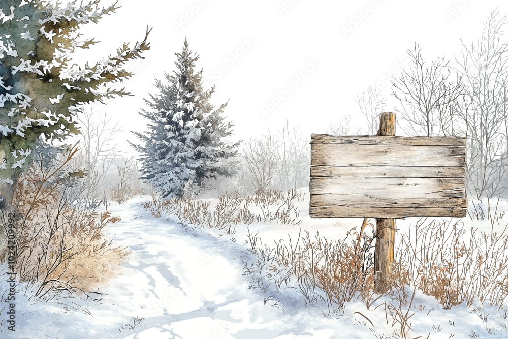 Fototapeta premium A watercolor illustration of a trail winding through a serene winter forest, where the ground and trees are blanketed in soft, white snow. , A large wooden signboard stands along the trail
