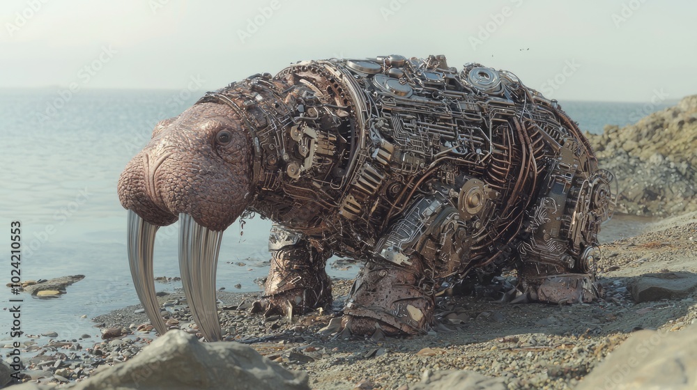 Fototapeta premium Whimsical Mechanical Walrus Resting on Rocky Shore 3D Render with Metallic Tusks.