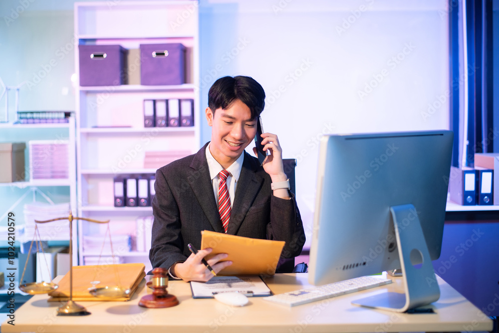 Young Asian lawyer at desk with legal scales and gavel, writing documents in office, offering legal services Young Asian lawyer at desk with legal scales and gavel, writing documents in office, offering legal services
