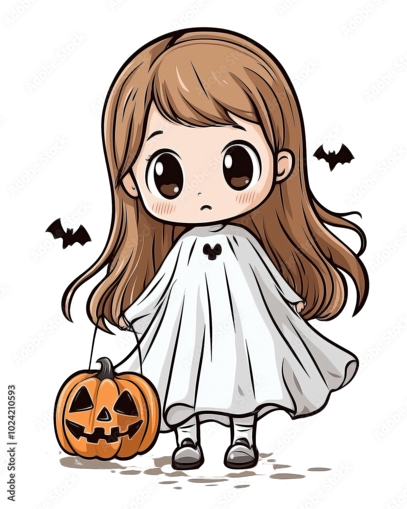 Cute chibi anime style a little girl cosplaying in Halloween ghost with ...
