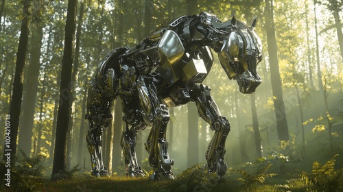 Majestic Mechanical Centaur in Serene Forest Clearing, Ultra-Detailed 3D Render with Cinematic Lightning