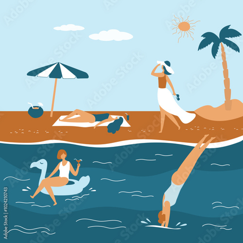 Group of beautiful tanned girls in swimsuits sunbathing, swimming and diving on the beach on sea. Ocean waves, inflatable ring and umbrella. summer time, relax and vacation