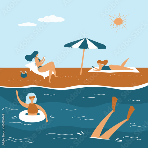 Group of beautiful tanned girls in swimsuits sunbathing, swimming and diving on the beach on sea. Ocean waves, inflatable ring and umbrella. summer time, relax and vacation