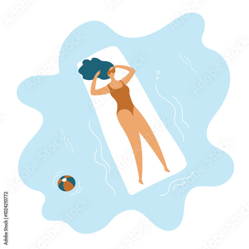 Beautiful tanned girl in swimsuit sunbathing and relaxing. Woman lying on air mattress in pool or sea. Top view. Summer time, pool party, rest and ocean vacation.