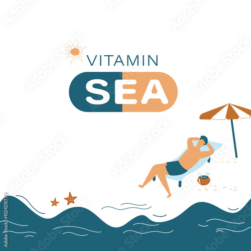 Funny banner on vacation theme with text - vitamin sea. Handsome tanned man in swim shorts sunbathing on sea beach or ocean. Happy guy lying in chaise lounge.