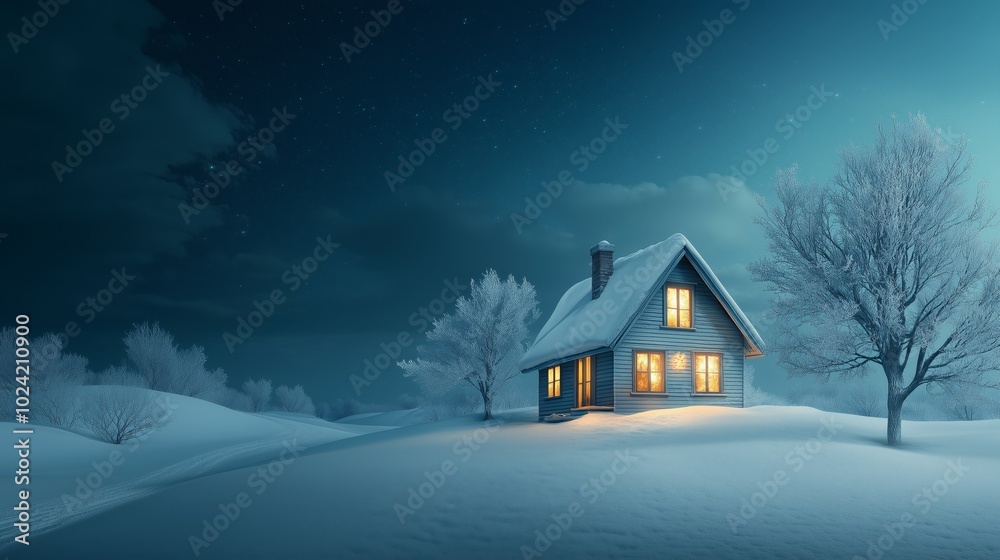 A snowy landscape with a charming house fully decorated for Christmas, with a warmly lit interior visible through the windows A snowy landscape with a charming house fully decorated for Christmas, with a warmly lit interior visible through the windows